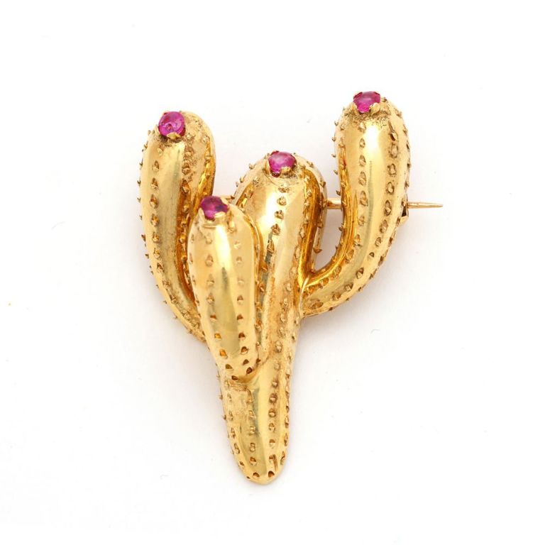 18k Gold Ruby Cactus Brooch