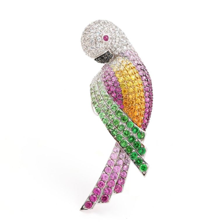 18k White Gold Multi-Gem Parrot Brooch/Pendant
