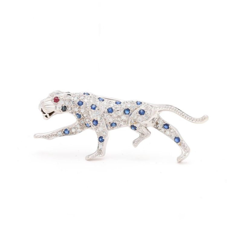 18k White Gold Diamond and Gem-Set Panther Brooch