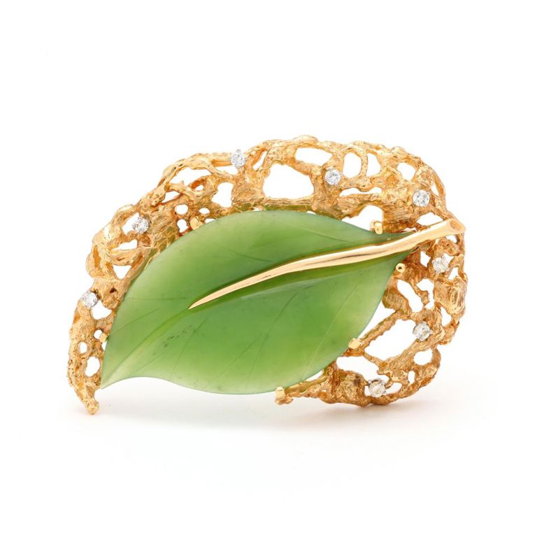14k Gold Nephrite Jade and Diamond Brooch