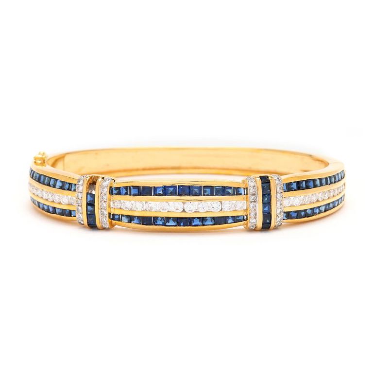 18k Gold Sapphire and Diamond Bangle Bracelet