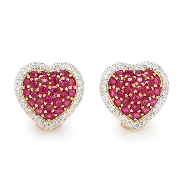 18k Gold Ruby and Diamond Heart Earrings
