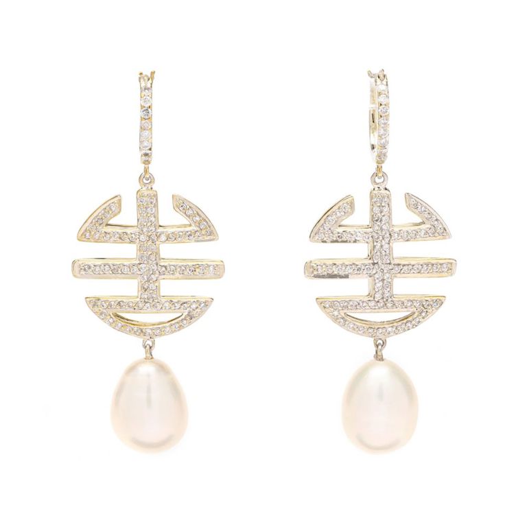 White Gold, Diamond and Pearl Drop Earrings