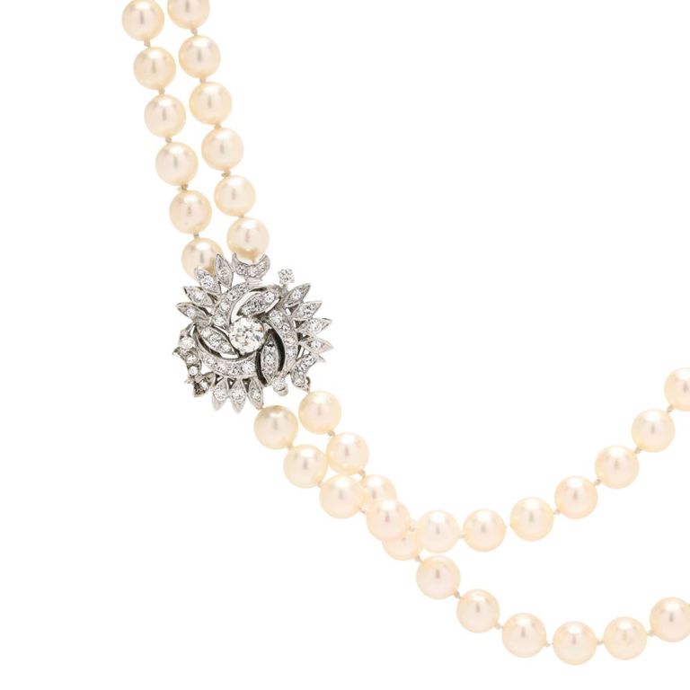 Double Strand Pearl and Diamond Necklace