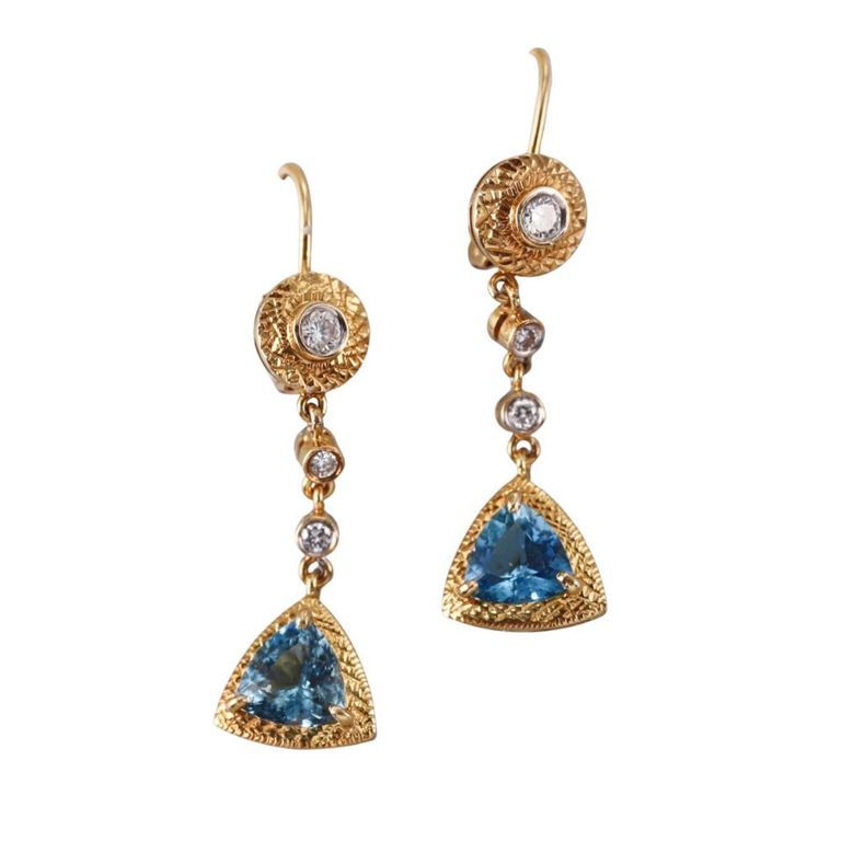 Pair of 18k Gold Diamond and Topaz Drop Earrings