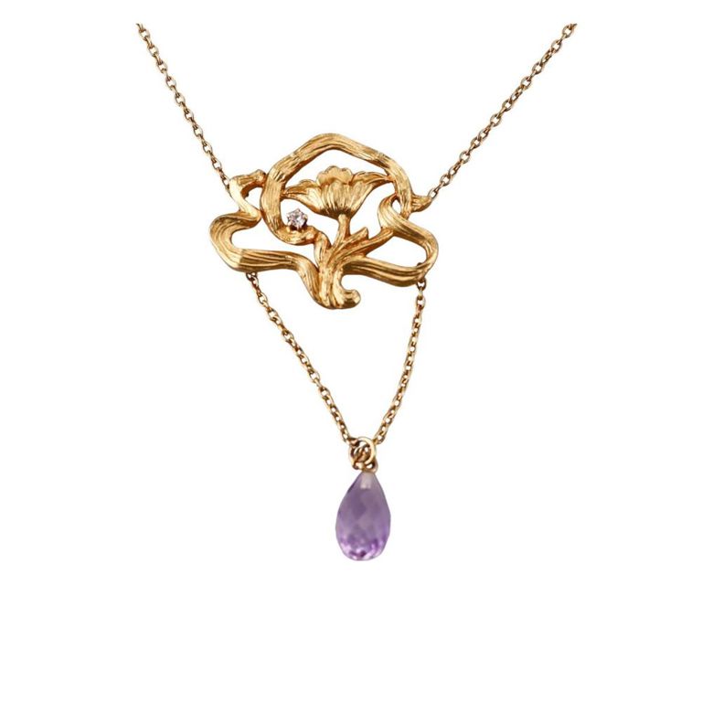 14k Gold Amethyst and Diamond Lavalier Necklace