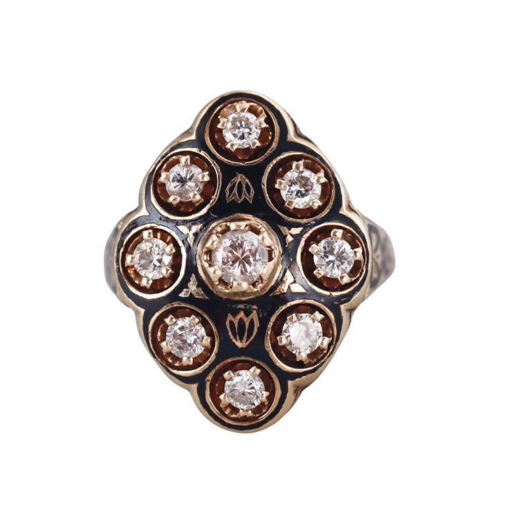 14k Gold Diamond and Enamel Ring