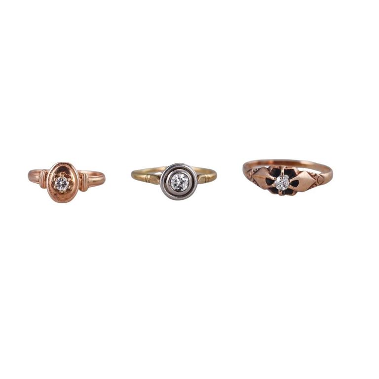 Set of 3 14k and 18k Gold Diamond Rings