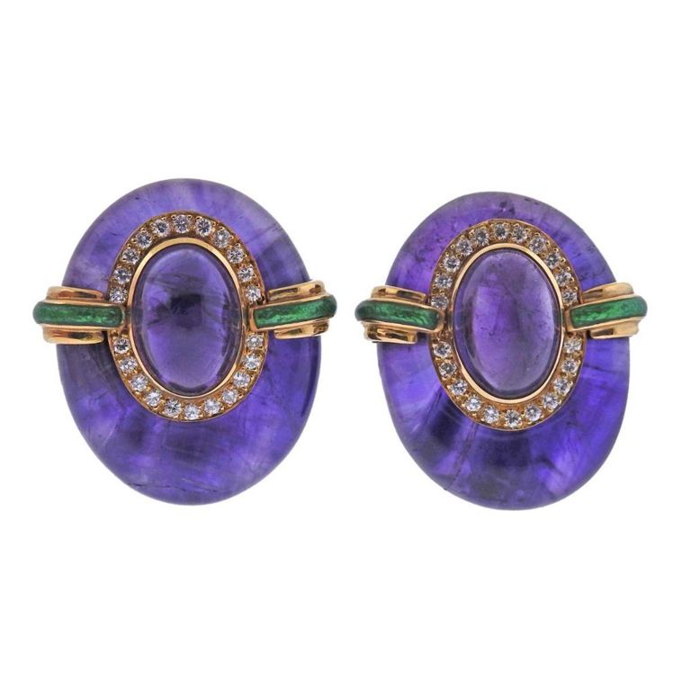 Pair of 18k Gold Amethyst and Diamond Earrings