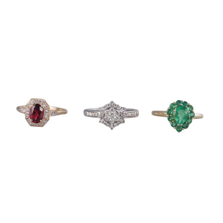 Set of 3 14k Diamond, Emerald and Garnet Rings