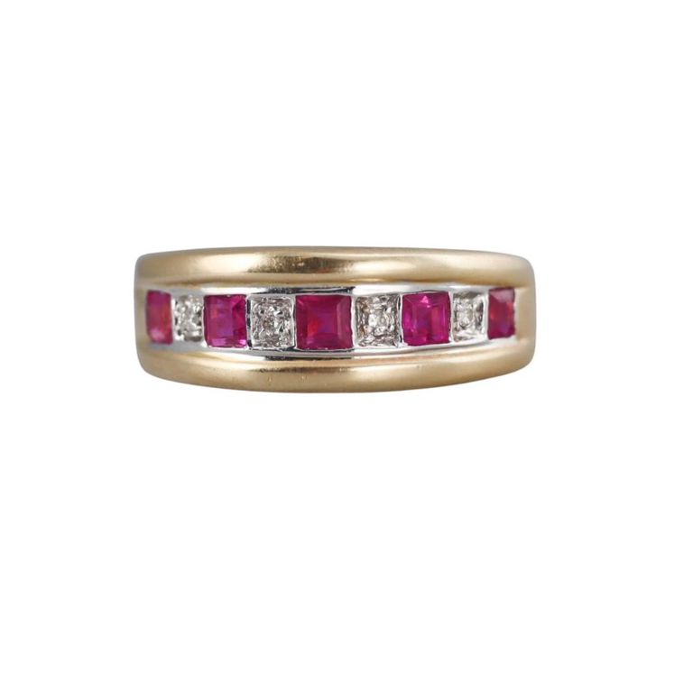 14k Gold Diamond and Ruby Half Band Ring