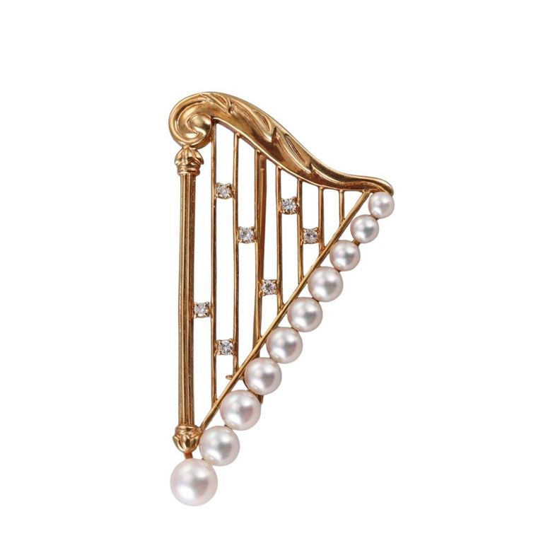 18k Gold Diamond Pearl Harp Brooch