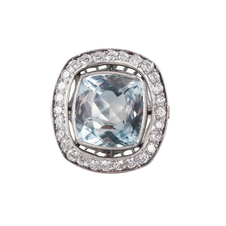 Platinum Aquamarine and Diamond Ring
