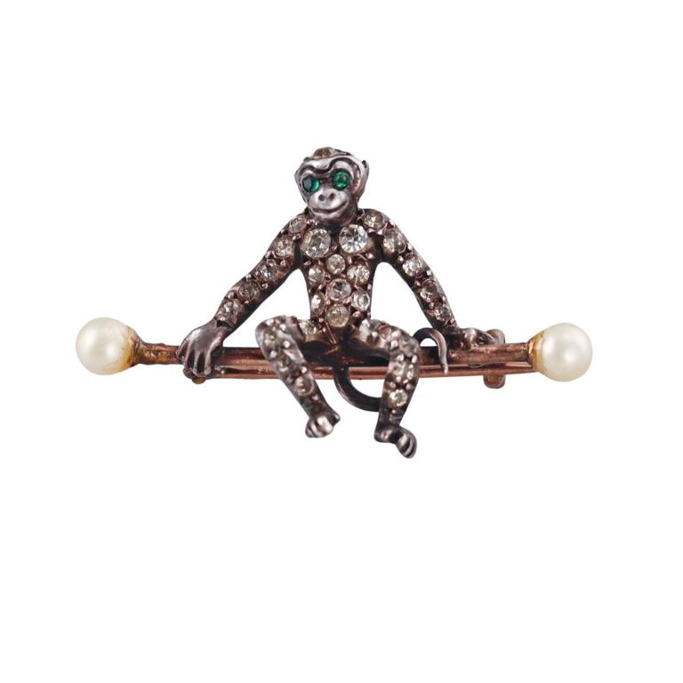Silver Gold Paste and Pearl Monkey Brooch