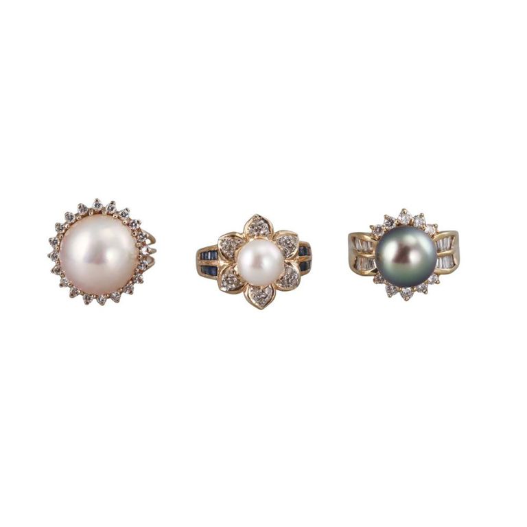 Set of 3 Gold Pearl, Diamond and Sapphire Rings