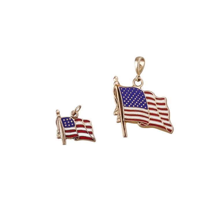Set of 2 14k Gold Enamel American Flag Pendants