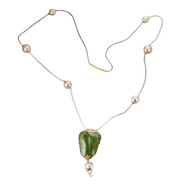 Peridot, Diamond and Pearl Pendant Necklace