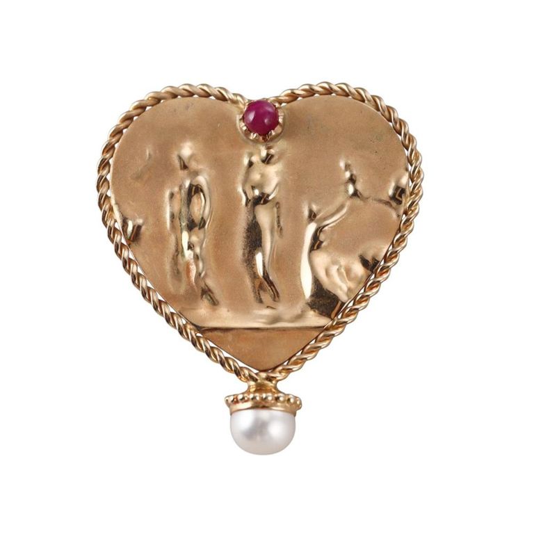 14k Gold Ruby and Pearl Heart Brooch/Pendant