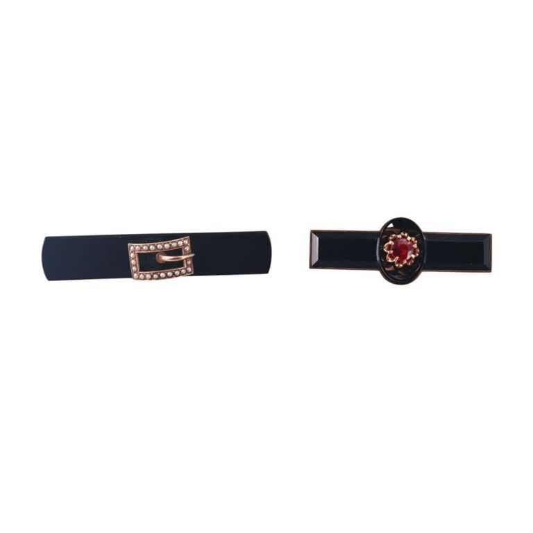 Set of 2 14k Gold Onyx, Garnet and Pearl Brooches