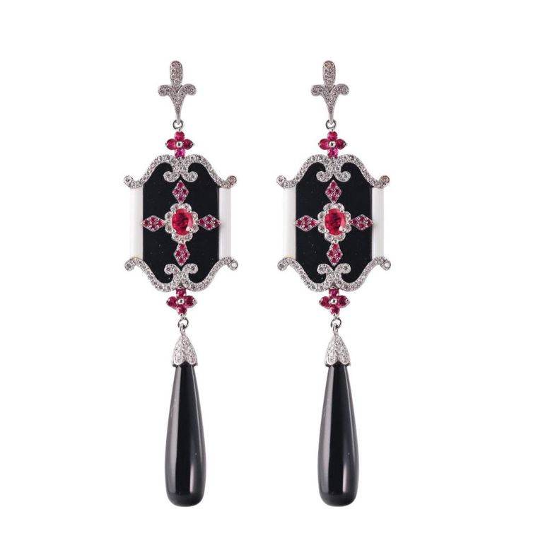 18k Gold Onyx Diamond and Ruby Drop Earrings