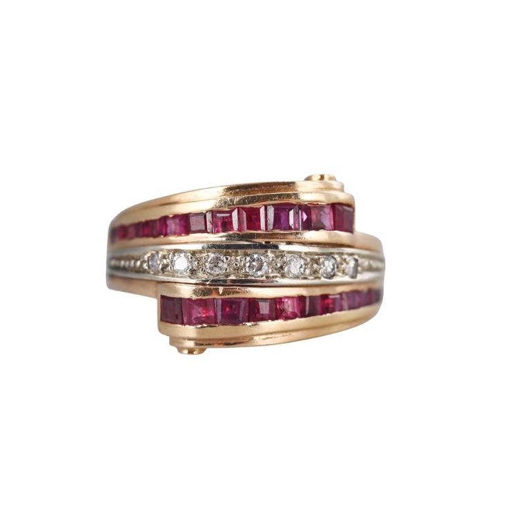 18k Gold Diamond and Ruby Bypass Ring