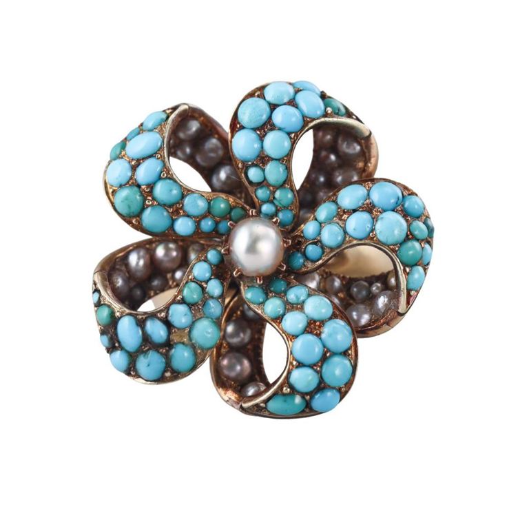Antique 14k Gold Pearl and Turquoise Flower Ring