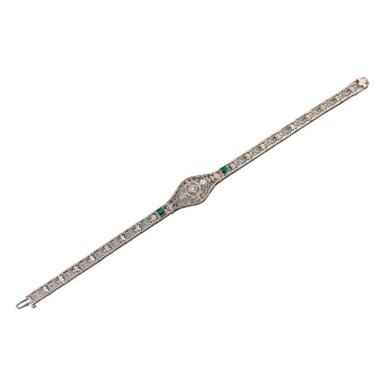 14k Gold Emerald and Diamond Filigree Bracelet