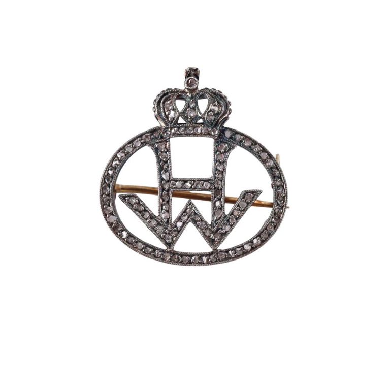 18k Gold Silver Diamond Crest Brooch