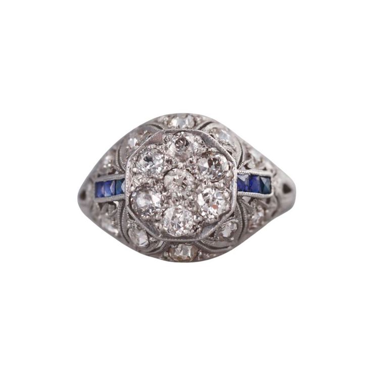 Platinum Diamond and Sapphire Dome Ring