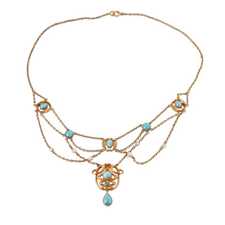 14k Gold Turquoise and Pearl Pendant Necklace