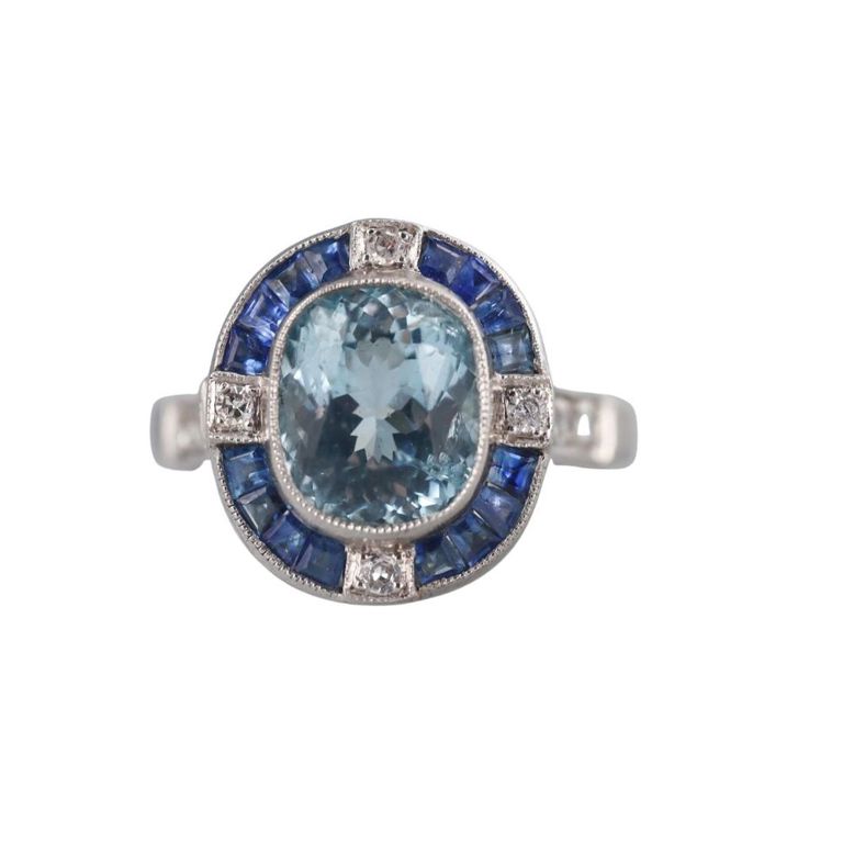 Platinum Aquamarine, Diamond and Sapphire Ring