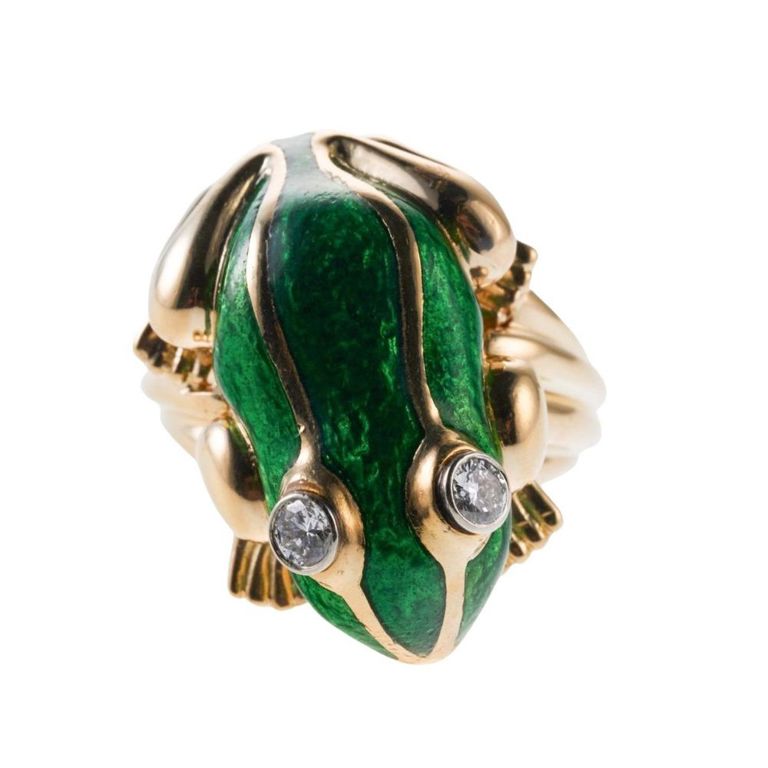 18k Gold Diamond and Enamel Frog Ring