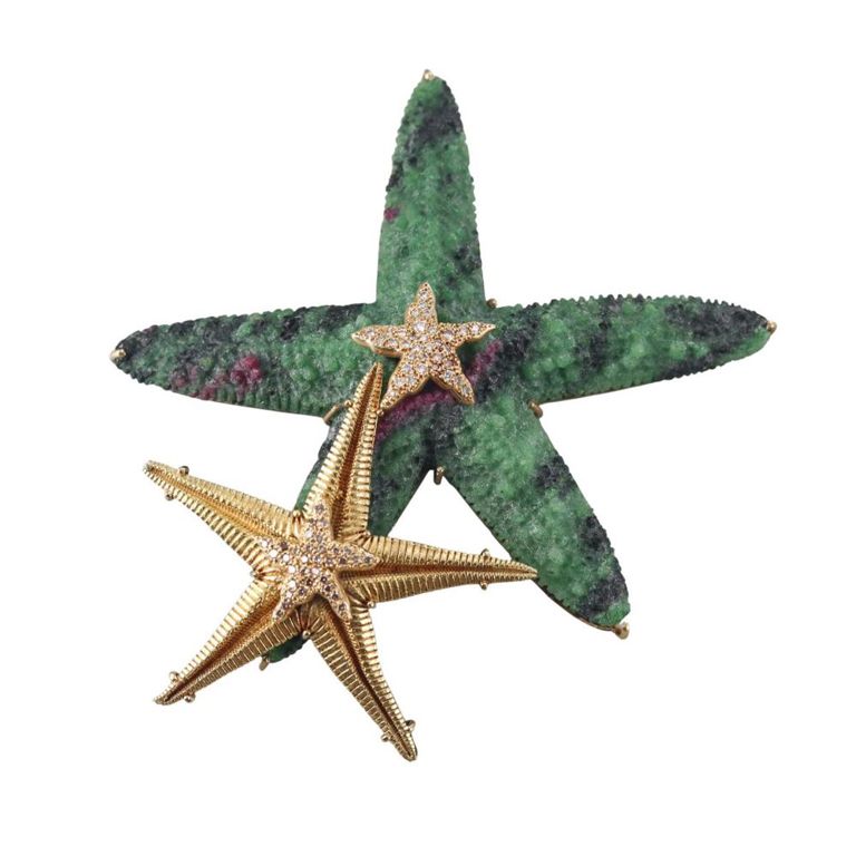 18k Gold Diamond Druzy Starfish Brooch/Pendant