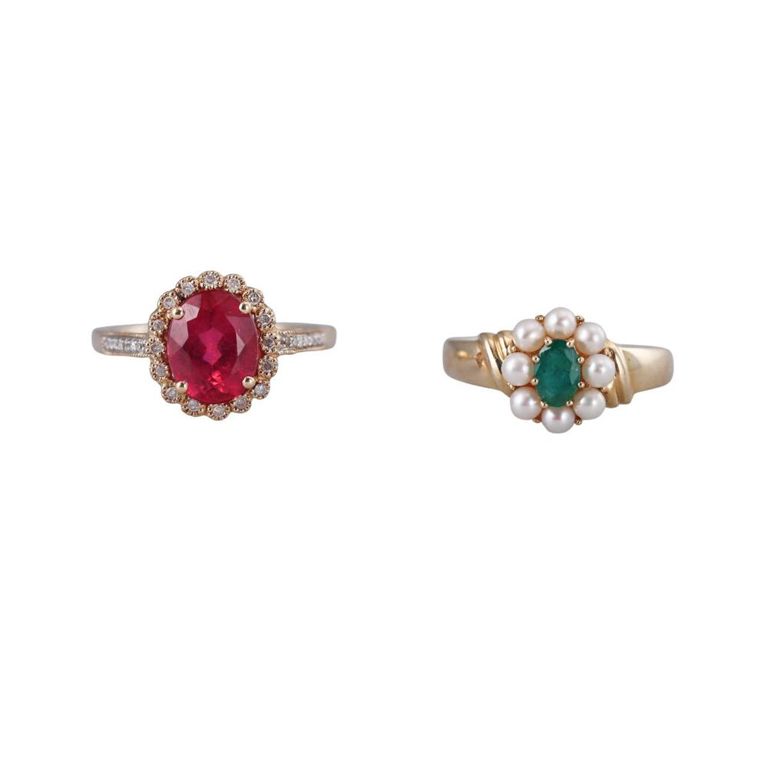 Set of 2 14k Gold Gemstone Rings