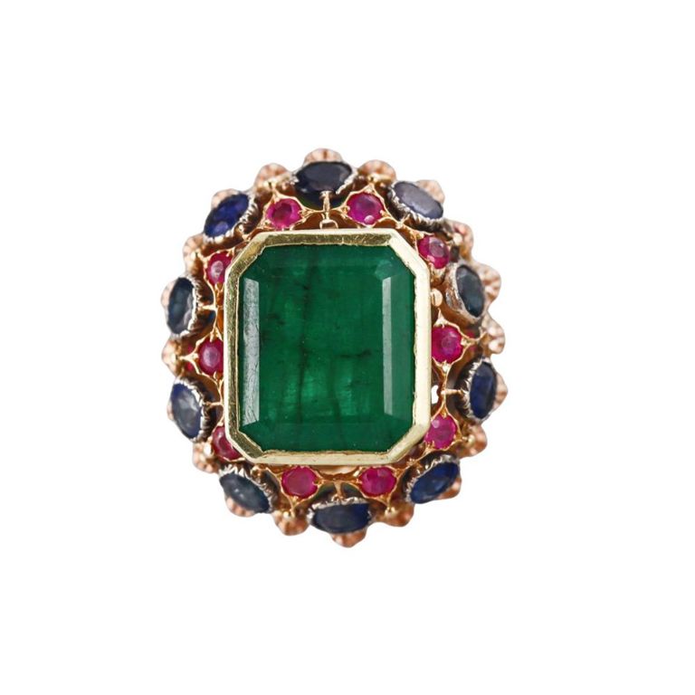 18k Gold Emerald, Ruby and Sapphire Ring