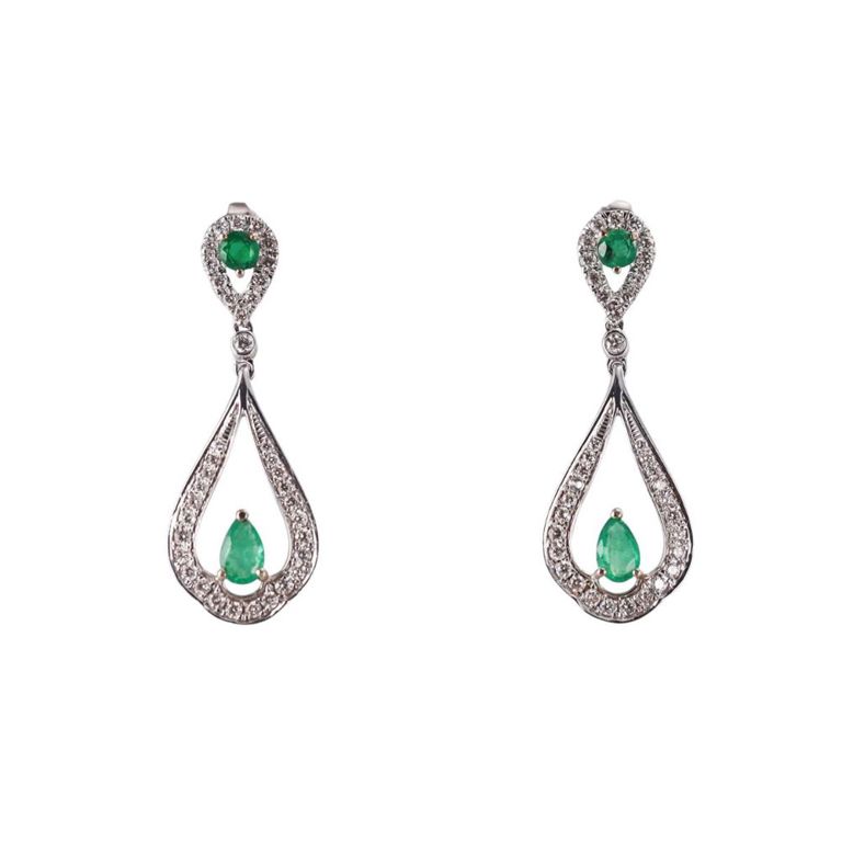 9k Gold Emerald and Diamond Drop Earrings