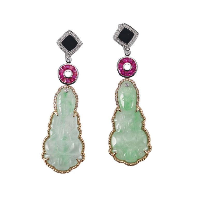 Jade, Ruby, Onyx and Diamond Drop Earrings