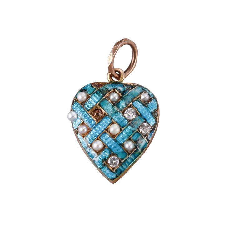 14k Gold Enamel Pearl and Diamond Heart Pendant