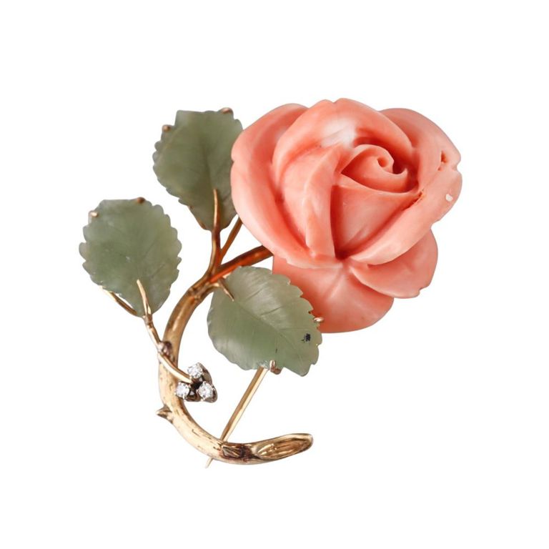 14k Gold Nephrite, Coral and Diamond Brooch