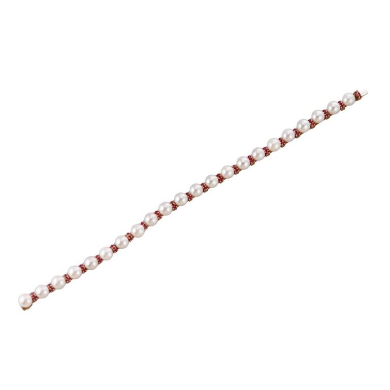 14k Gold Pearl and Ruby Bracelet
