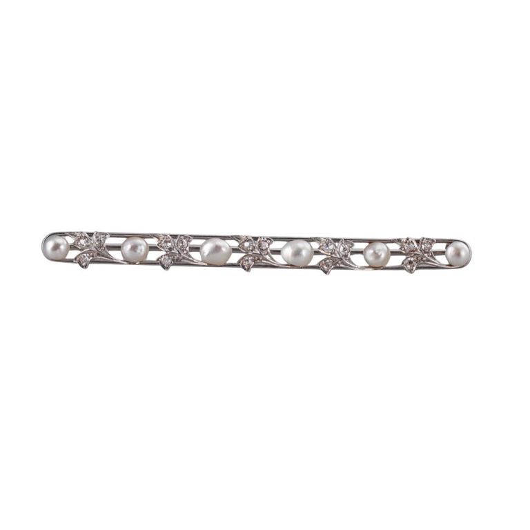 Platinum Diamond and Pearl Bar Brooch