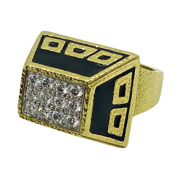18k Gold Diamond and Enamel Ring
