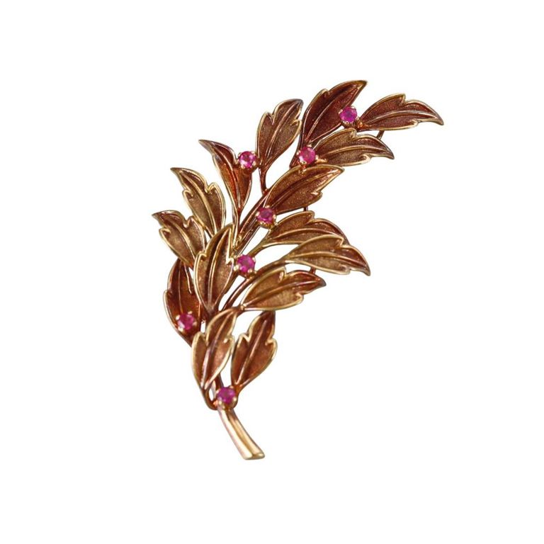 18k Gold Ruby Leaf Brooch
