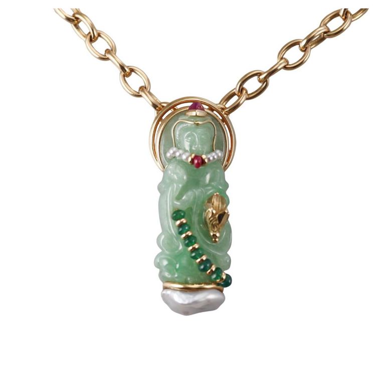 18k Gold Jade and Pearl Pendant Necklace