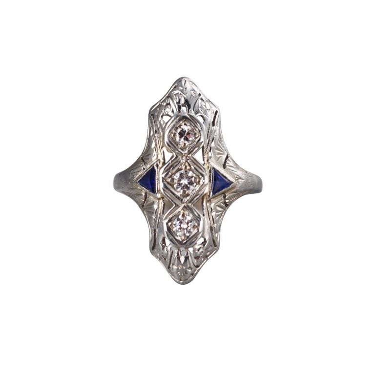 Art Deco 18k Gold Diamond Sapphire Ring