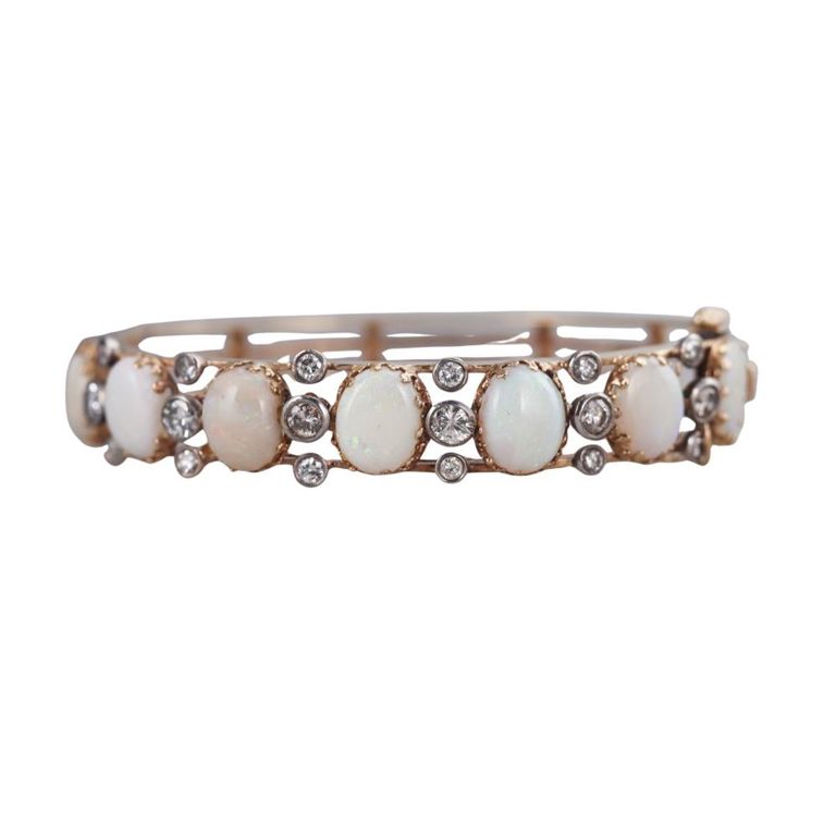 14k Gold Opal and Diamond Bangle Bracelet