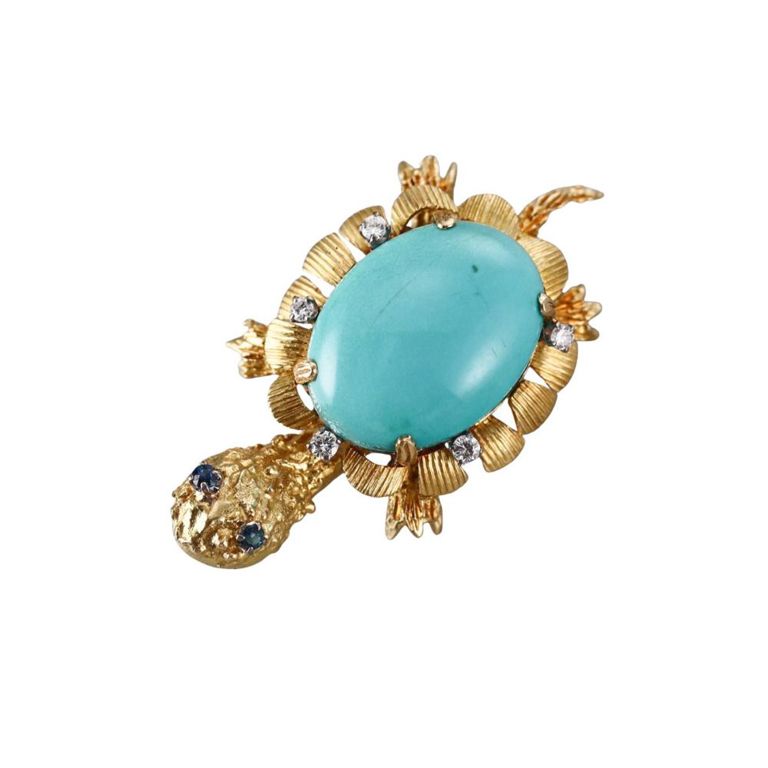 Diamond, Turquoise and Sapphire Turtle Brooch
