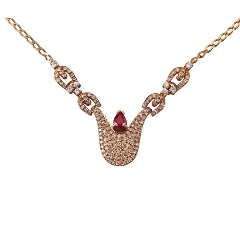 18k Gold Diamond and Ruby Pendant Necklace