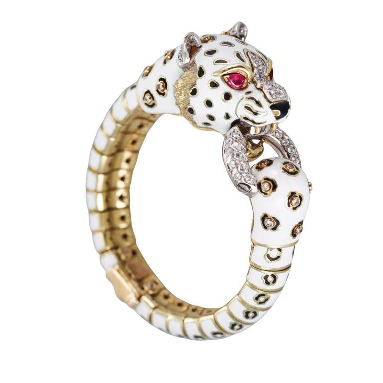 18k Gold Diamond, Ruby and Enamel Leopard Bracelet