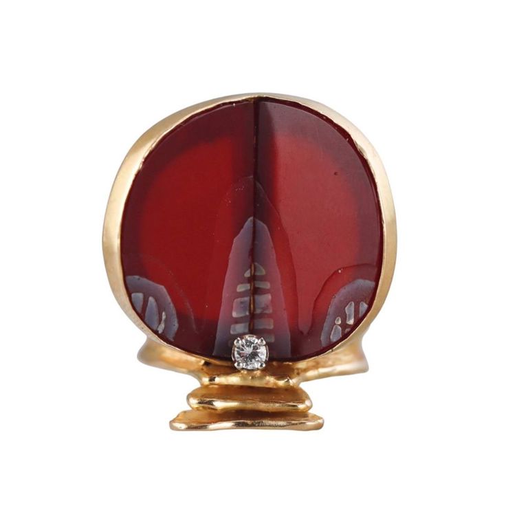 18k Gold Carnelian and Diamond Abstract Ring